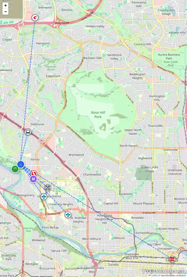 Daily accessibility map for 152 VARSITY CR NW, Calgary showing nearby schools, grocery stores, parks, LRT stations and nearby amenities