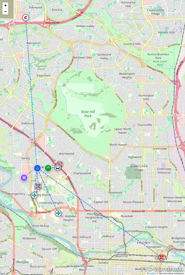 Daily accessibility map for 26 VARSPLAIN PL NW, Calgary showing nearby schools, grocery stores, parks, LRT stations and nearby amenities