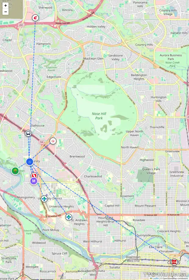 Daily accessibility map for 5120 VALIANT PL NW, Calgary showing nearby schools, grocery stores, parks, LRT stations and nearby amenities