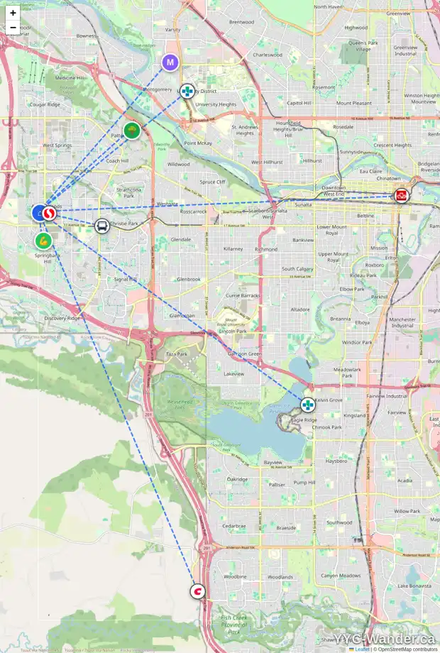 Daily accessibility map for 7 ASPEN STONE TC SW, Calgary showing nearby schools, grocery stores, parks, LRT stations and nearby amenities