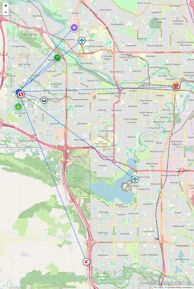 Daily accessibility map for 95 ASPEN STONE TC SW, Calgary showing nearby schools, grocery stores, parks, LRT stations and nearby amenities