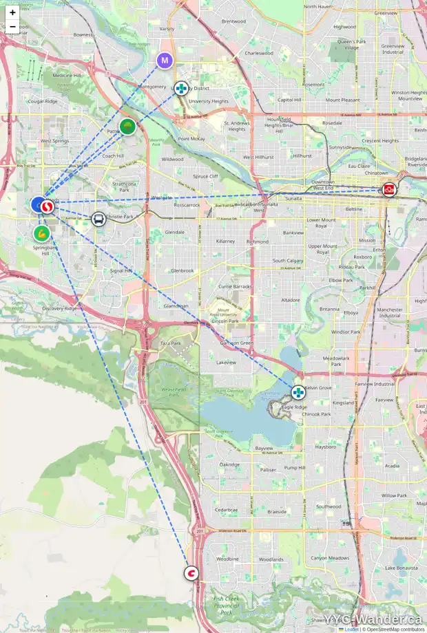Daily accessibility map for 16 ASPEN STONE TC SW, Calgary showing nearby schools, grocery stores, parks, LRT stations and nearby amenities