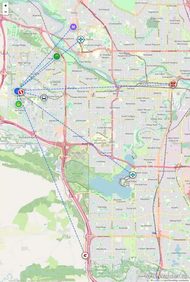 Daily accessibility map for 20 ASPEN STONE TC SW, Calgary showing nearby schools, grocery stores, parks, LRT stations and nearby amenities