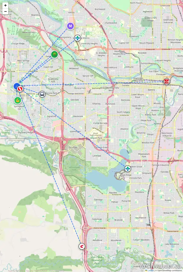 Daily accessibility map for 55 ASPEN STONE CR SW, Calgary showing nearby schools, grocery stores, parks, LRT stations and nearby amenities