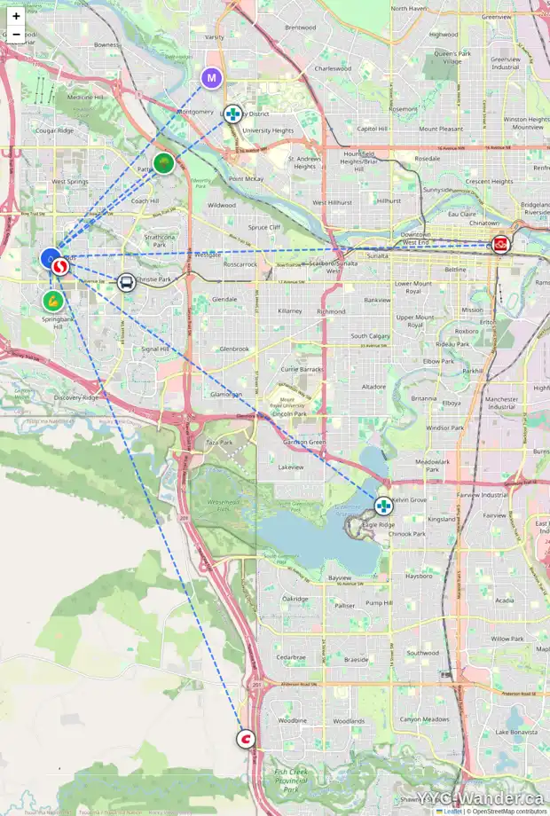 Daily accessibility map for 59 ASPEN STONE CR SW, Calgary showing nearby schools, grocery stores, parks, LRT stations and nearby amenities
