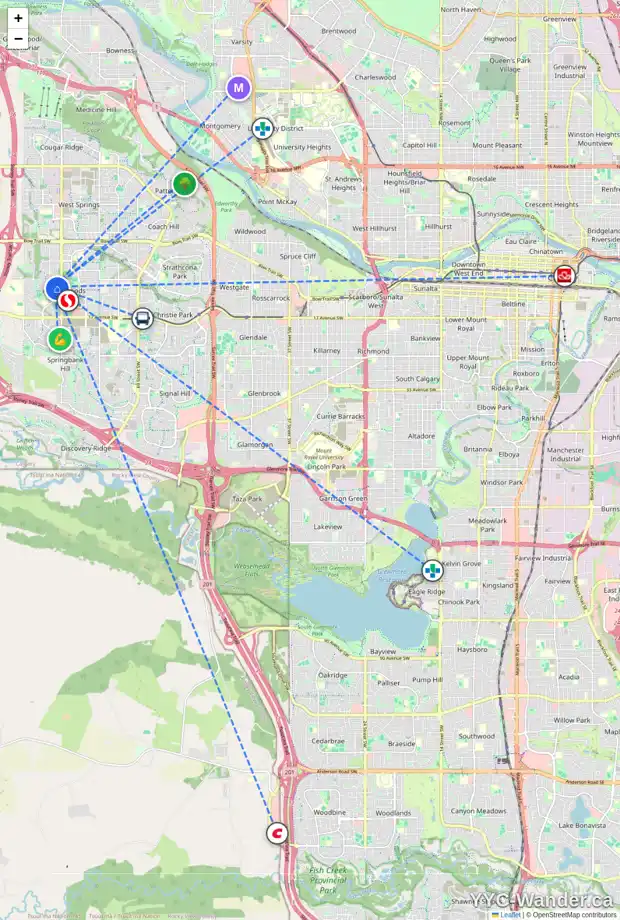 Daily accessibility map for 71 ASPEN STONE CR SW, Calgary showing nearby schools, grocery stores, parks, LRT stations and nearby amenities