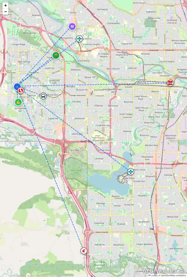 Daily accessibility map for 79 ASPEN STONE CR SW, Calgary showing nearby schools, grocery stores, parks, LRT stations and nearby amenities