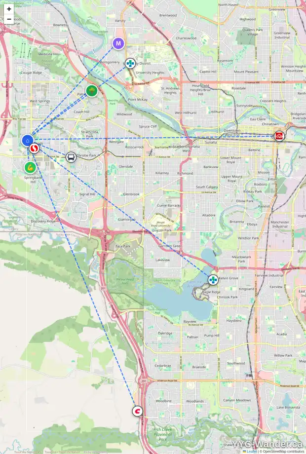 Daily accessibility map for 99 ASPEN STONE CR SW, Calgary showing nearby schools, grocery stores, parks, LRT stations and nearby amenities