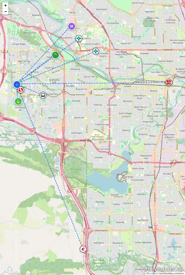 Daily accessibility map for 8701 14 AV SW, Calgary showing nearby schools, grocery stores, parks, LRT stations and nearby amenities