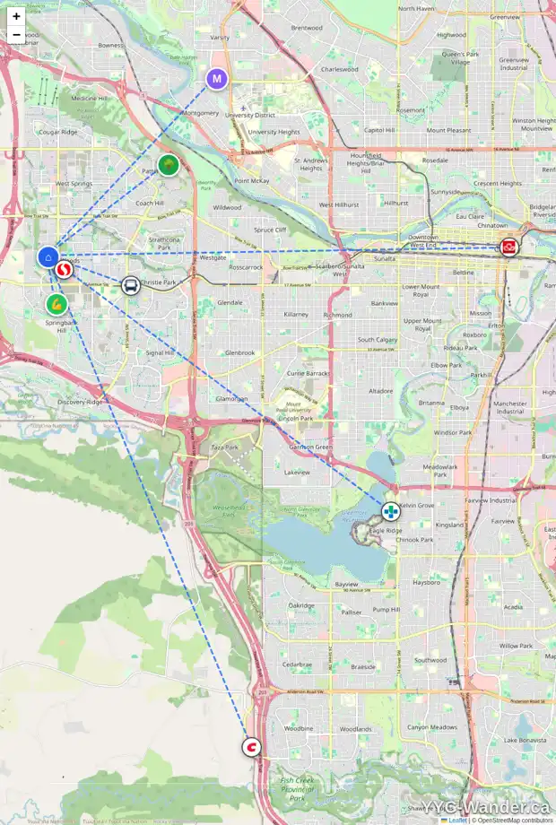 Daily accessibility map for 122 ASPEN STONE CR SW, Calgary showing nearby schools, grocery stores, parks, LRT stations and nearby amenities