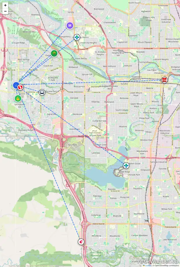 Daily accessibility map for 26 ASPEN STONE CR SW, Calgary showing nearby schools, grocery stores, parks, LRT stations and nearby amenities