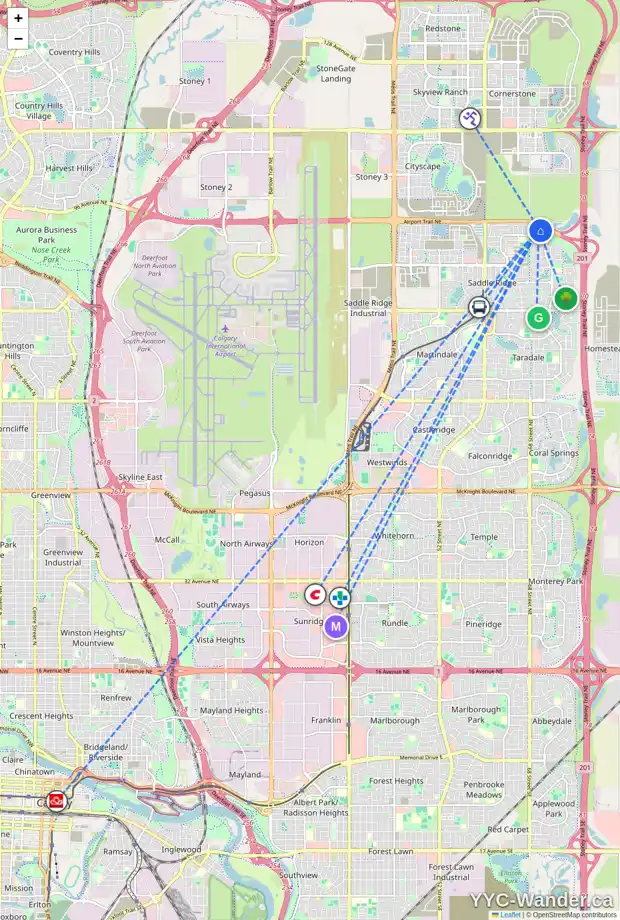 Daily accessibility map for 63 SADDLEBROOK PL NE, Calgary showing nearby schools, grocery stores, parks, LRT stations and nearby amenities
