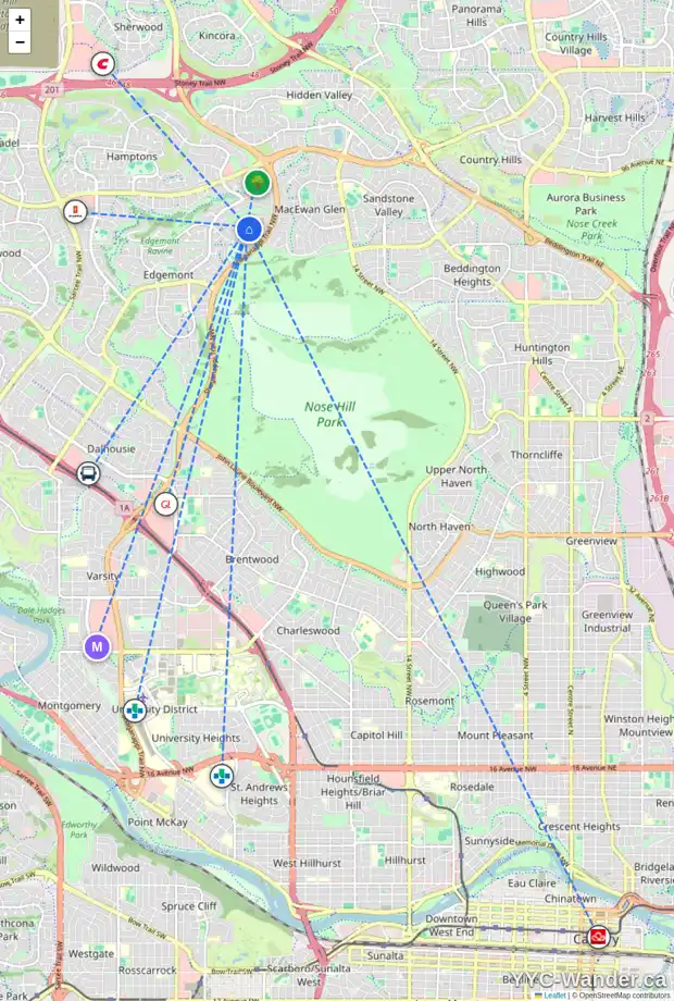 Daily accessibility map for 103 EDGEBROOK CI NW, Calgary showing nearby schools, grocery stores, parks, LRT stations and nearby amenities
