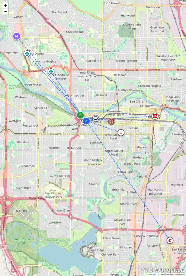 Daily accessibility map for 6 2002 11 AV SW, Calgary showing nearby schools, grocery stores, parks, LRT stations and nearby amenities