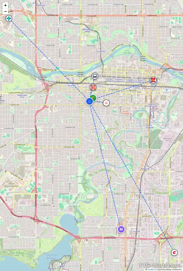 Daily accessibility map for 505 1225 15 AV SW, Calgary showing nearby schools, grocery stores, parks, LRT stations and nearby amenities