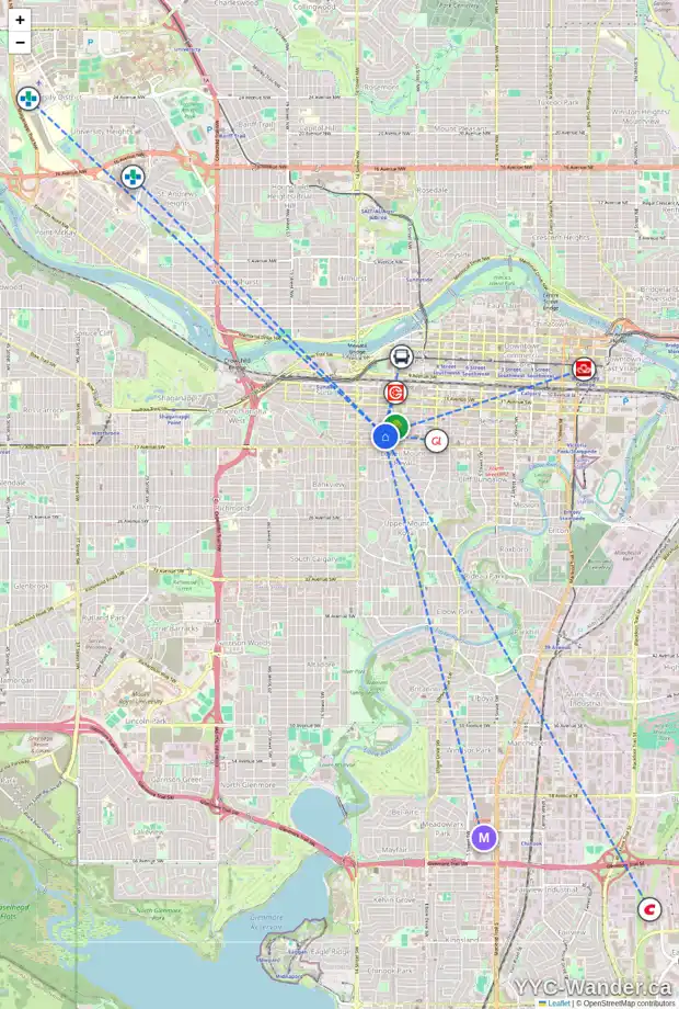 Daily accessibility map for 805 1225 15 AV SW, Calgary showing nearby schools, grocery stores, parks, LRT stations and nearby amenities