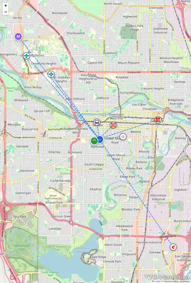Daily accessibility map for 301 1810 16 ST SW, Calgary showing nearby schools, grocery stores, parks, LRT stations and nearby amenities