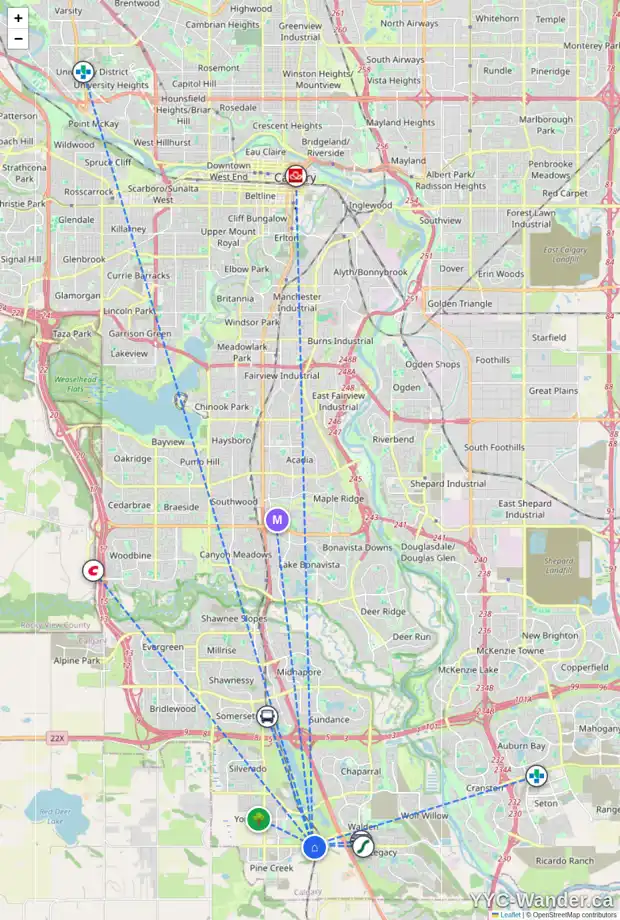 Daily accessibility map for 225 210 AV SW, Calgary showing nearby schools, grocery stores, parks, LRT stations and nearby amenities