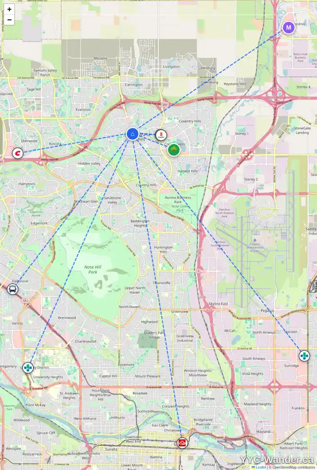 Daily accessibility map for 206 PANAMOUNT ST NW, Calgary showing nearby schools, grocery stores, parks, LRT stations and nearby amenities