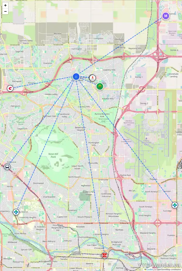 Daily accessibility map for 218 PANAMOUNT ST NW, Calgary showing nearby schools, grocery stores, parks, LRT stations and nearby amenities