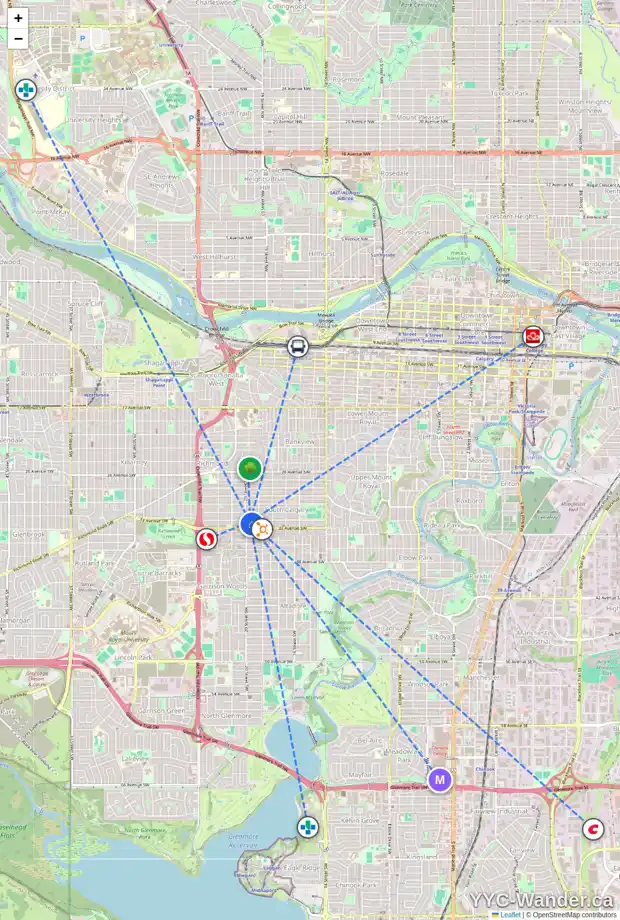 Daily accessibility map for 2027 32 AV SW, Calgary showing nearby schools, grocery stores, parks, LRT stations and nearby amenities