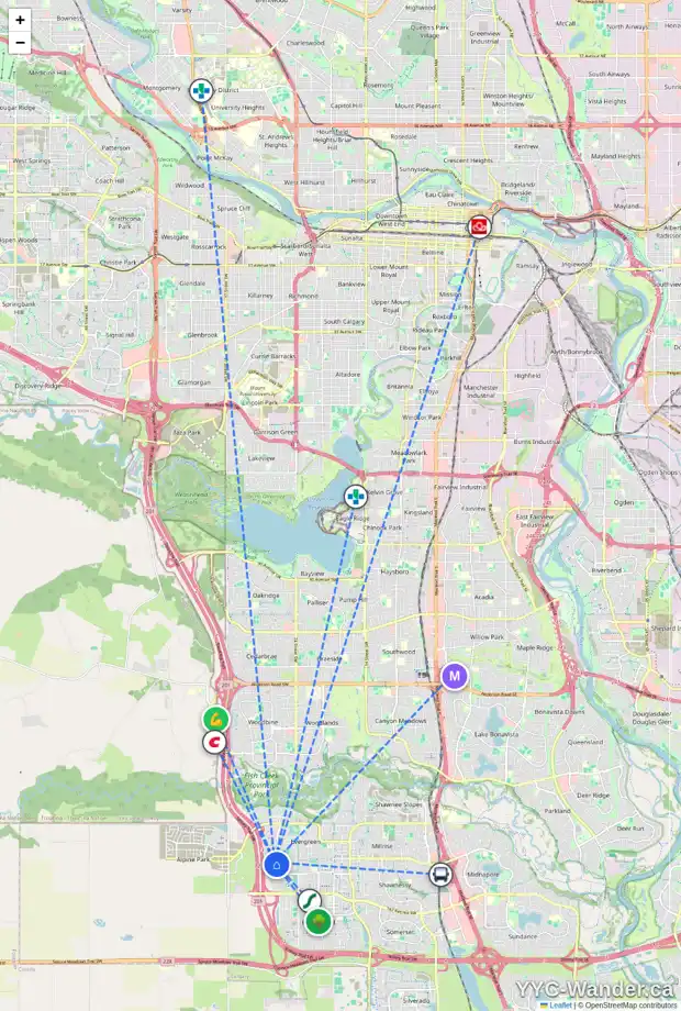 Daily accessibility map for 24 EVERGLEN WY SW, Calgary showing nearby schools, grocery stores, parks, LRT stations and nearby amenities
