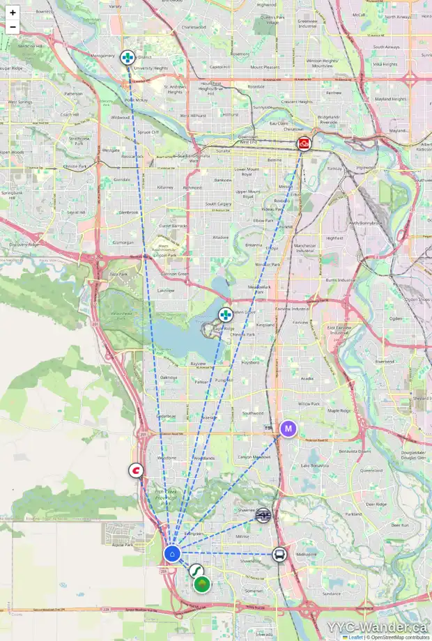 Daily accessibility map for 152 EVERGLEN WY SW, Calgary showing nearby schools, grocery stores, parks, LRT stations and nearby amenities