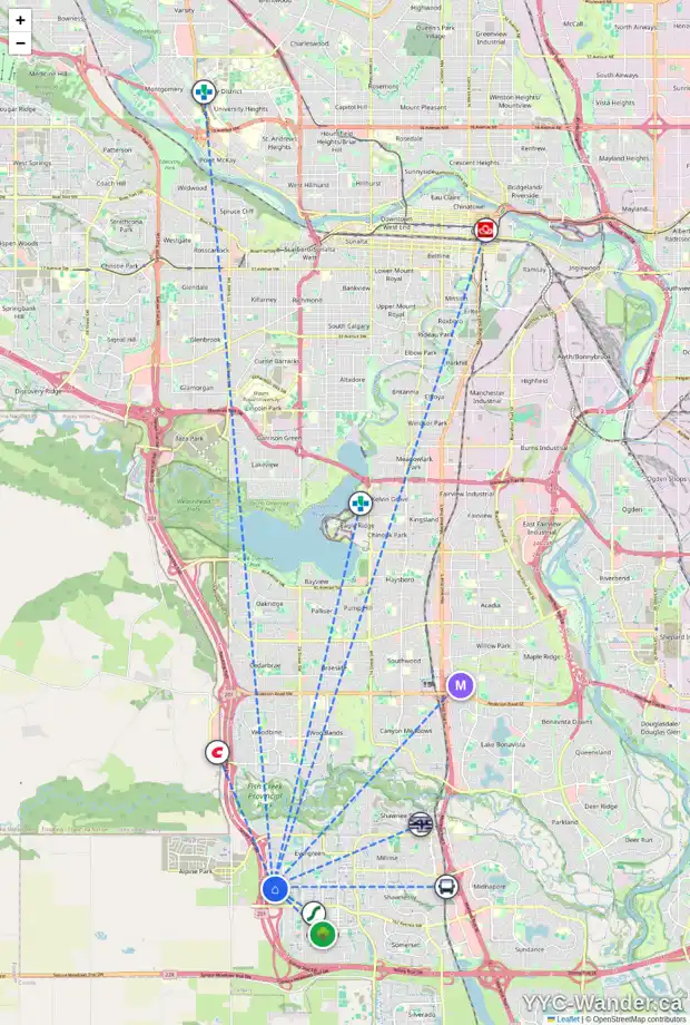 Daily accessibility map for 184 EVERGLEN WY SW, Calgary showing nearby schools, grocery stores, parks, LRT stations and nearby amenities