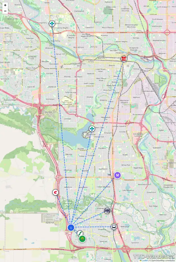 Daily accessibility map for 195 EVERGLEN WY SW, Calgary showing nearby schools, grocery stores, parks, LRT stations and nearby amenities