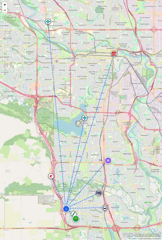 Daily accessibility map for 275 EVERGLEN WY SW, Calgary showing nearby schools, grocery stores, parks, LRT stations and nearby amenities