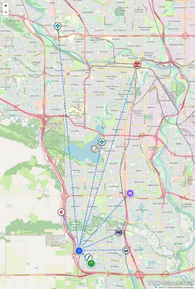 Daily accessibility map for 59 EVERGLEN RD SW, Calgary showing nearby schools, grocery stores, parks, LRT stations and nearby amenities