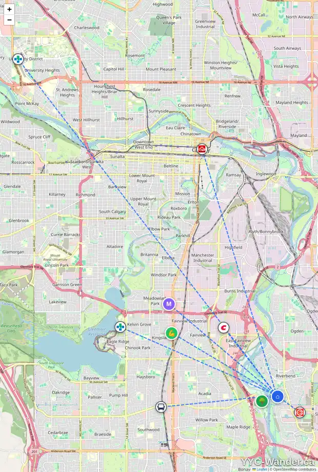 Daily accessibility map for 167 RIVERVIEW CL SE, Calgary showing nearby schools, grocery stores, parks, LRT stations and nearby amenities