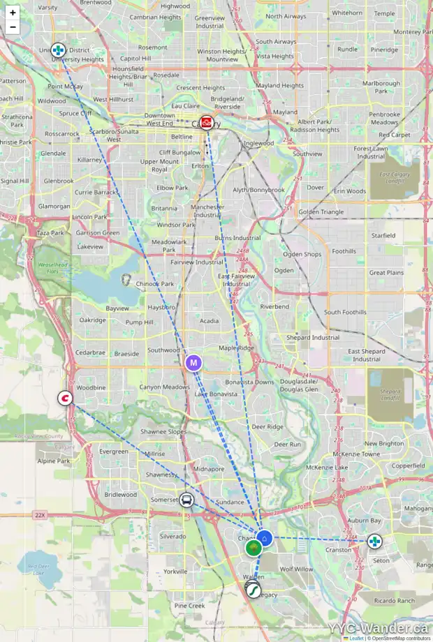 Daily accessibility map for 62 CHAPARRAL RIDGE RI SE, Calgary showing nearby schools, grocery stores, parks, LRT stations and nearby amenities