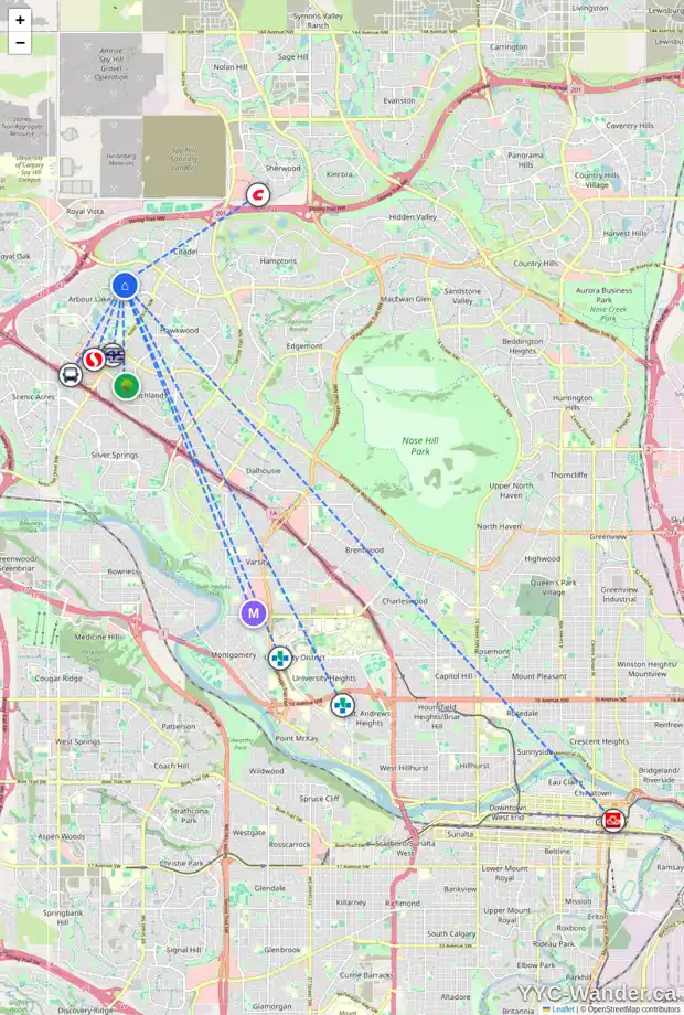 Daily accessibility map for 116 ARBOUR GLEN CL NW, Calgary showing nearby schools, grocery stores, parks, LRT stations and nearby amenities