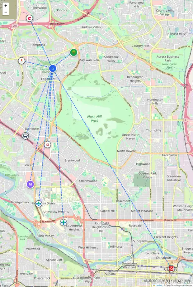 Daily accessibility map for 157 EDGEVALLEY WY NW, Calgary showing nearby schools, grocery stores, parks, LRT stations and nearby amenities
