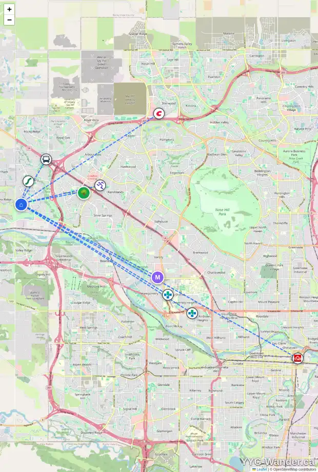 Daily accessibility map for 91 TUSCANY GLEN PA NW, Calgary showing nearby schools, grocery stores, parks, LRT stations and nearby amenities