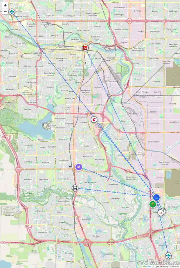 Daily accessibility map for 351 PRESTWICK CL SE, Calgary showing nearby schools, grocery stores, parks, LRT stations and nearby amenities