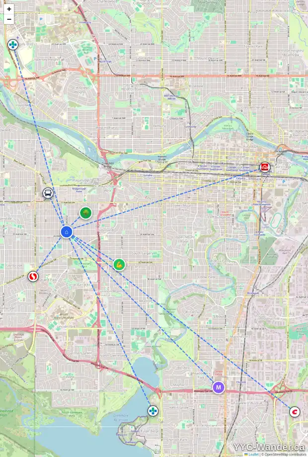 Daily accessibility map for 2609 29 ST SW, Calgary showing nearby schools, grocery stores, parks, LRT stations and nearby amenities
