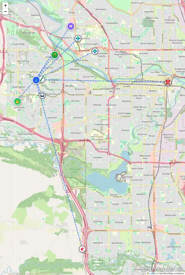 Daily accessibility map for 8 ASPEN RIDGE BA SW, Calgary showing nearby schools, grocery stores, parks, LRT stations and nearby amenities