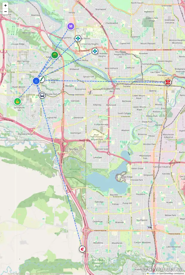 Daily accessibility map for 40 ASPEN RIDGE BA SW, Calgary showing nearby schools, grocery stores, parks, LRT stations and nearby amenities
