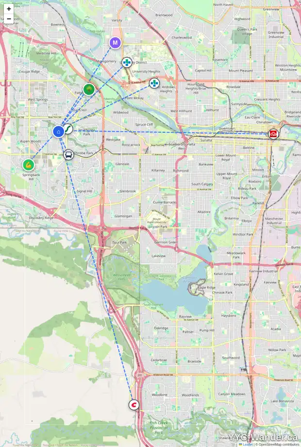 Daily accessibility map for 44 ASPEN RIDGE BA SW, Calgary showing nearby schools, grocery stores, parks, LRT stations and nearby amenities