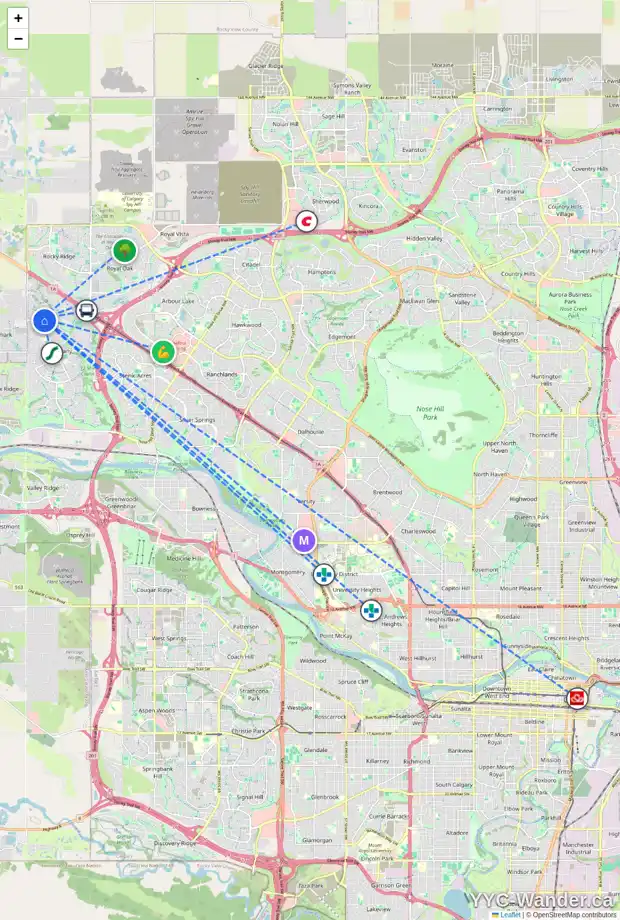 Daily accessibility map for 60 TUSCANY SPRINGS GV NW, Calgary showing nearby schools, grocery stores, parks, LRT stations and nearby amenities