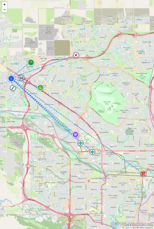 Daily accessibility map for 38 TUSCANY SPRINGS HL NW, Calgary showing nearby schools, grocery stores, parks, LRT stations and nearby amenities