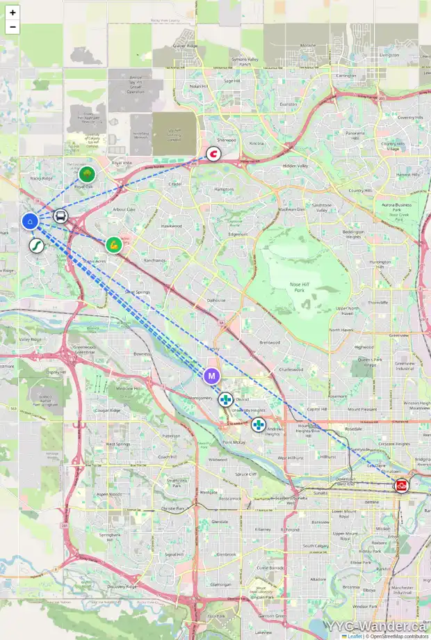 Daily accessibility map for 66 TUSCANY SPRINGS HL NW, Calgary showing nearby schools, grocery stores, parks, LRT stations and nearby amenities