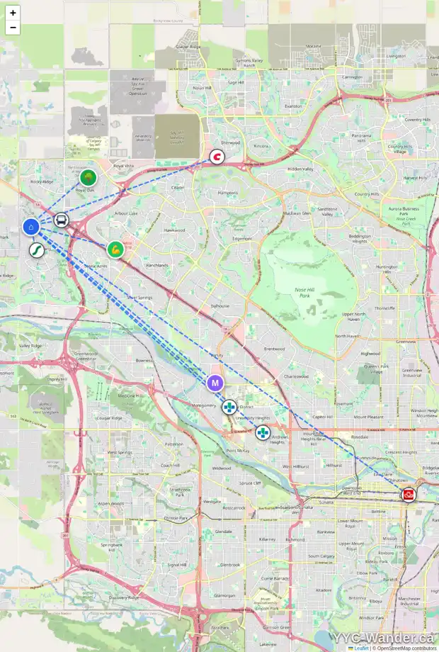 Daily accessibility map for 71 TUSCANY SPRINGS HL NW, Calgary showing nearby schools, grocery stores, parks, LRT stations and nearby amenities