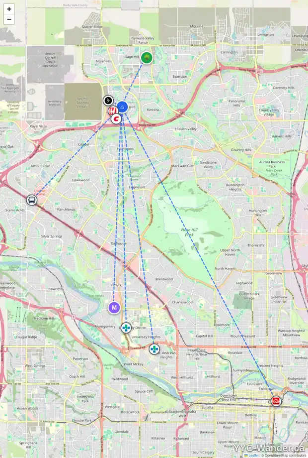 Daily accessibility map for 61 SHERWOOD CI NW, Calgary showing nearby schools, grocery stores, parks, LRT stations and nearby amenities