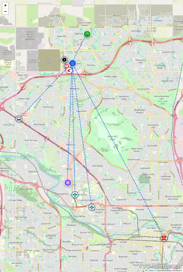 Daily accessibility map for 65 SHERWOOD CI NW, Calgary showing nearby schools, grocery stores, parks, LRT stations and nearby amenities
