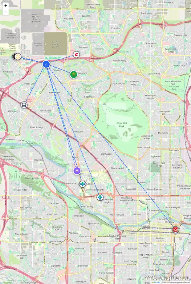 Daily accessibility map for 38 CITADEL MEADOW GD NW, Calgary showing nearby schools, grocery stores, parks, LRT stations and nearby amenities
