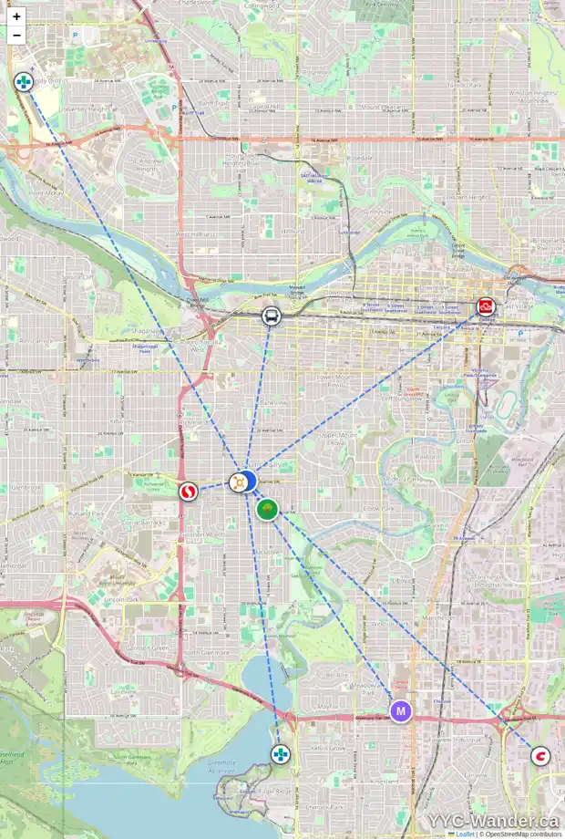 Daily accessibility map for 1912 33 AV SW, Calgary showing nearby schools, grocery stores, parks, LRT stations and nearby amenities