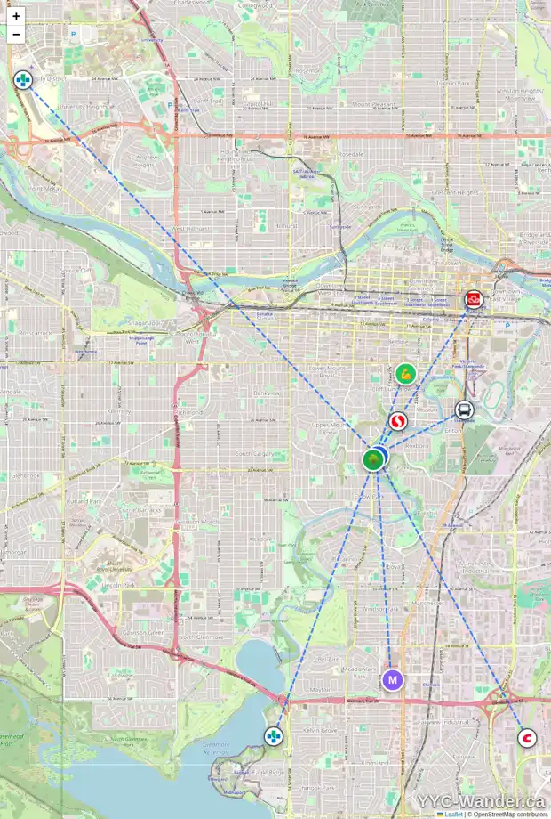 Daily accessibility map for 820 RIDEAU RD SW, Calgary showing nearby schools, grocery stores, parks, LRT stations and nearby amenities